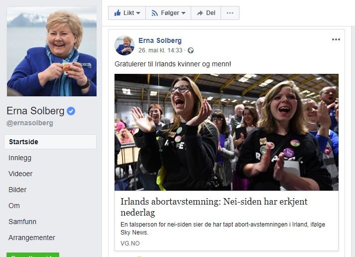 Gratulerte: Statsminister Erna Solberg, rykket ut på Facebook og gratulerte irene etter folkeavstemningen om abort.
 Foto: Skjermdump