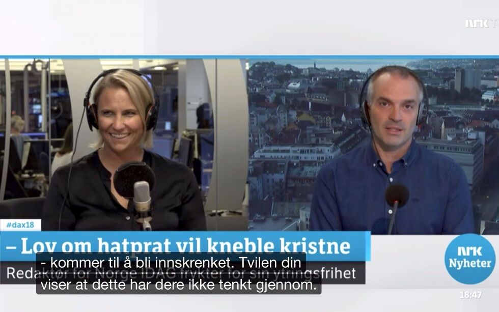 DEBATT: Bjarte Ystebø møtte Maria Aasen-Svendsrud (Ap) til debatt på NRK Dagsnytt 18 i forrige uke.
 Foto: Skjermdump