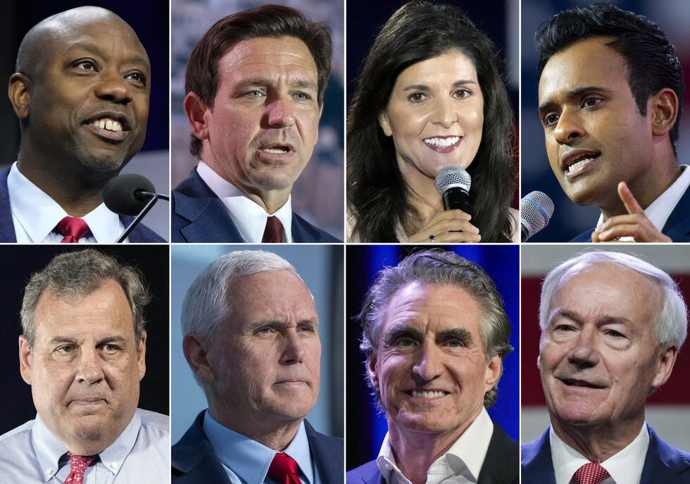 Tim Scott (øverst til venstre), Ron DeSantis, Nikki Haley, Vivek Ramaswamy, Chris Christie, Mike Pence, Doug Burgum og Asa Hutchinson er de åtte kandidatene som stiller i onsdagens TV-debatt. På målingene ligger de langt bak Donald Trump, som har valgt å droppe debatten.
 Foto: AP / NTB