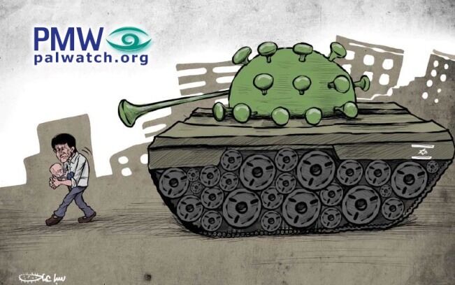 VIRUS-SAMMENLIGNING: En israelsk tanks fremstilles som et korona-virus i en karikaturtegning i de palestinske selvstyremyndighetenes egen avis. Faksimilen er brakt til veie av Palestinian Media Watch.
 Foto: PMW