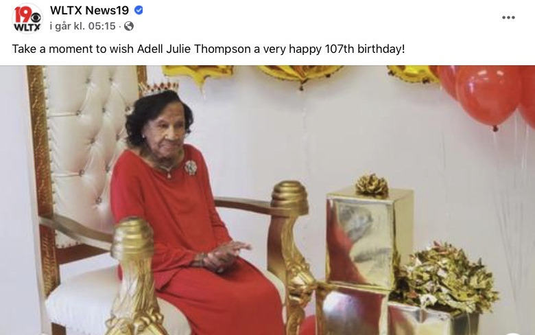 Adell Julie Thompson snakket med TV-kanalen WLTX på sin 107-års dag. Hun takker Gud får hjelp til å leve rett.
 Foto: WLTX News/Skjermbilde