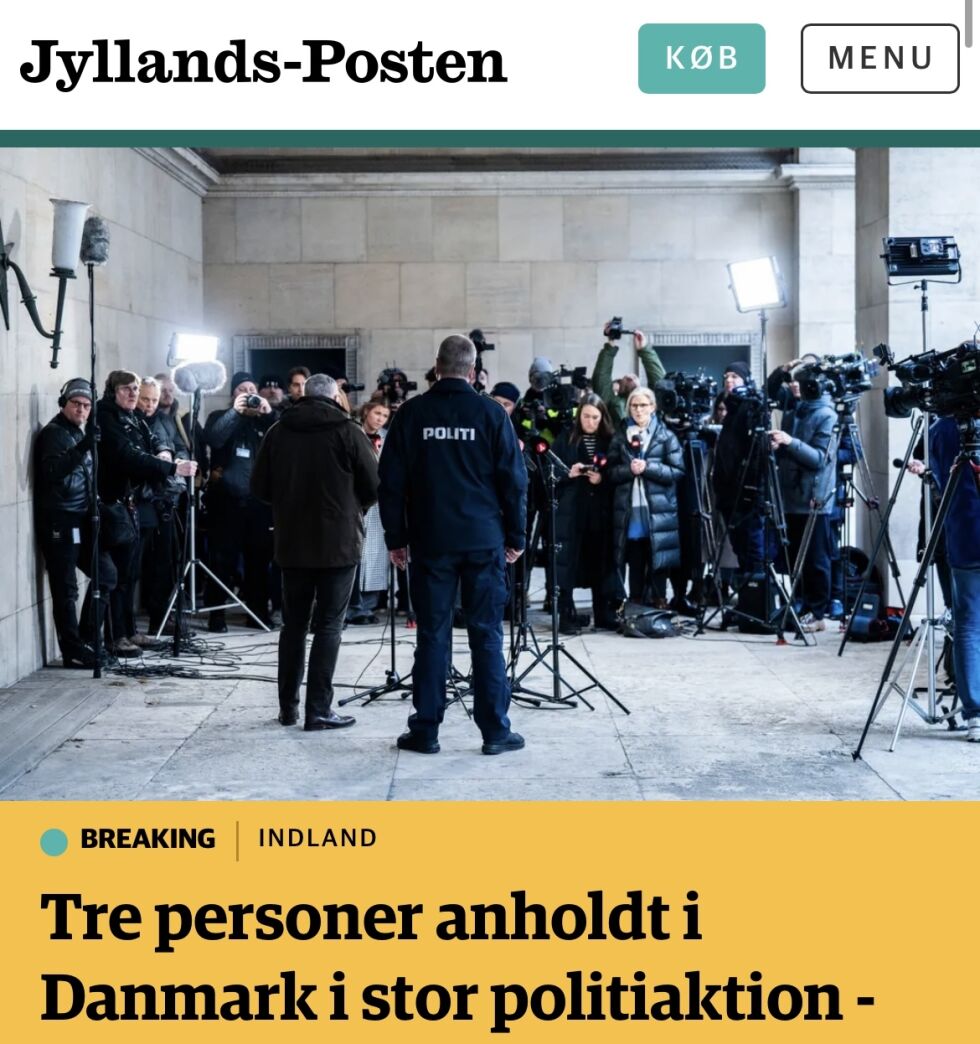 ANHOLDT: Jyllandsposten har torsdag ettermiddag sakem øverst på sin side.
 Foto: Skjermdump Jyllandsposten