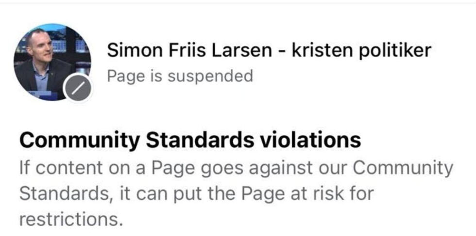 Simon Friis Larsen sin Facebook-side har blitt suspendert på ubestemt tid.
 Foto: Skjermdump Facebook