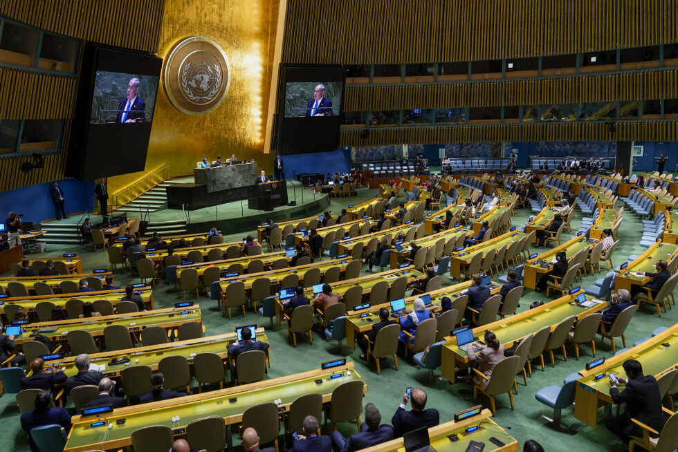 NEW YORK: Benjamin Netanyahu talte til FNs Hovedforsamling i 2023.
 Foto: NTB/AP/Mary Altaffer