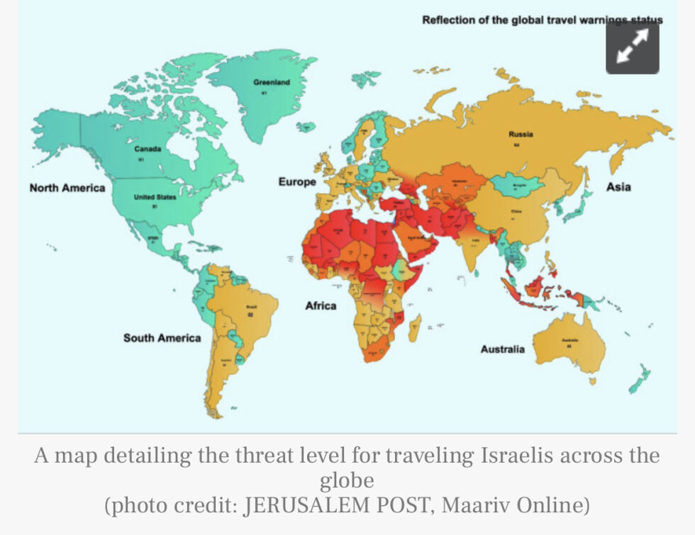 NYE RÅD: Her er et kart over hvilke land som det nå advares mot å reise til, publisert av Jerusalem Post.
 Foto: Skjermdump/Jpost.com