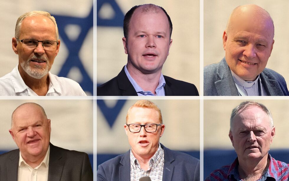 NORSKE ISRAELVENNER: Gordon Tobiassen (øverst til venstre), Conrad Myrland, Jan-Aage Torp, Halvard Hasseløy, Dag Øyvind Juliussen og John Skåland.
 Foto: Collage Norge IDAG