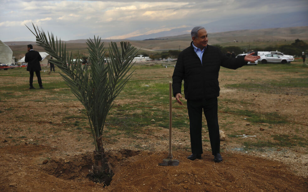 Benjamin Netanyahu er en sterk forkjemper for Israels rett til å bygge og bo i Judea og Samaria. Her planter han et tre i forbindelse med en jødisk helligdag i Mevo'ot Yericho 2020.
 Foto: Ariel Schalit/Ap/NTB