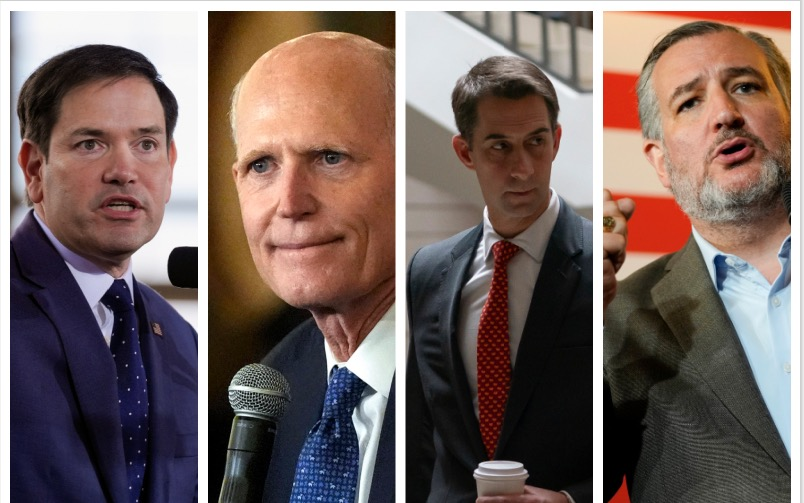 De som har skrevet under på brevet, er blant annet de republikanske senatorene Marco Rubio (fra venstre), Rick Scott, Tom Cotton og Ted Cruz.
 Foto: NTB/AP