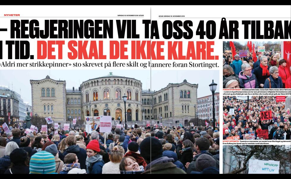 Faksimilien fra Vg (over): Viser demonstrasjoner, her foran Stortinget sist lørdag, mot endring i abortlovens paragraf 2c – og Ernas åpning for å si nei til sorteringssamfunnet.
 Foto: Faksimile VG