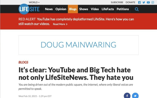 YouTube stenger ned LifeSiteNews