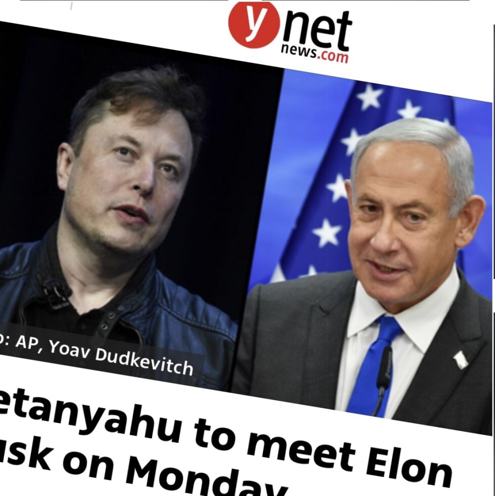 FAKSIMILE: Israelske medier skriver om den israelske statsministerens møte med Musk, som har vært tungt investert i kunstig intelligens sammen med sine andre virksomheter, Tesla, SpaceX, og den sosiale medieplattformen X, tidligere kjent som Twitter.
 Foto: Faksimile Ynetnews.com