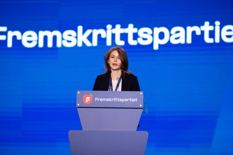 Kristin Lode på talerstolen under dagens landsmøte i Frp.
 Foto: Frp