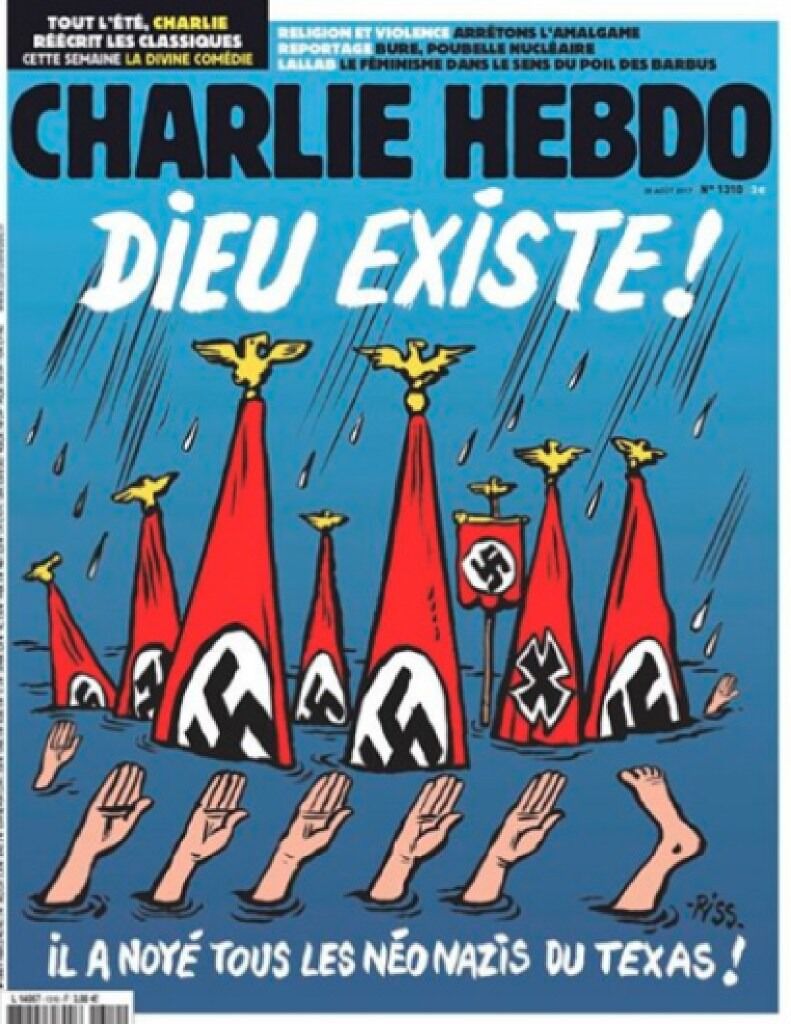 Grov karikatur: Førstesida til det franske satiremagasinet Charlie Hebdo hadde denne framsida etter orkanen Harvey som ramma Texas. Teksten lyder: «Gud finst! Han drukna alle neo-nazistane i Texas!»
 Foto: Faksimile: Charlie Hebdo