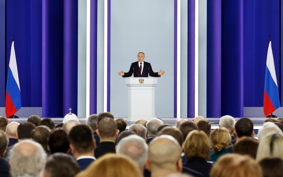 Russlands president Vladimir Putin holdt i går sin årlige tale om rikets tilstand i Moskva.
 Foto: Dmitry Astakhov, Sputnik, Kremlin Pool Photo via AP/NTB