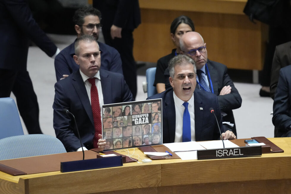 Israels utenriksminister Eli Cohen snakker om menneskene som ble kidnappet av Hamas fra Israel 7. oktober til FN 24. oktober. Illustrasjonsbilde.
 Foto: Seth Wenig/AP/NTB