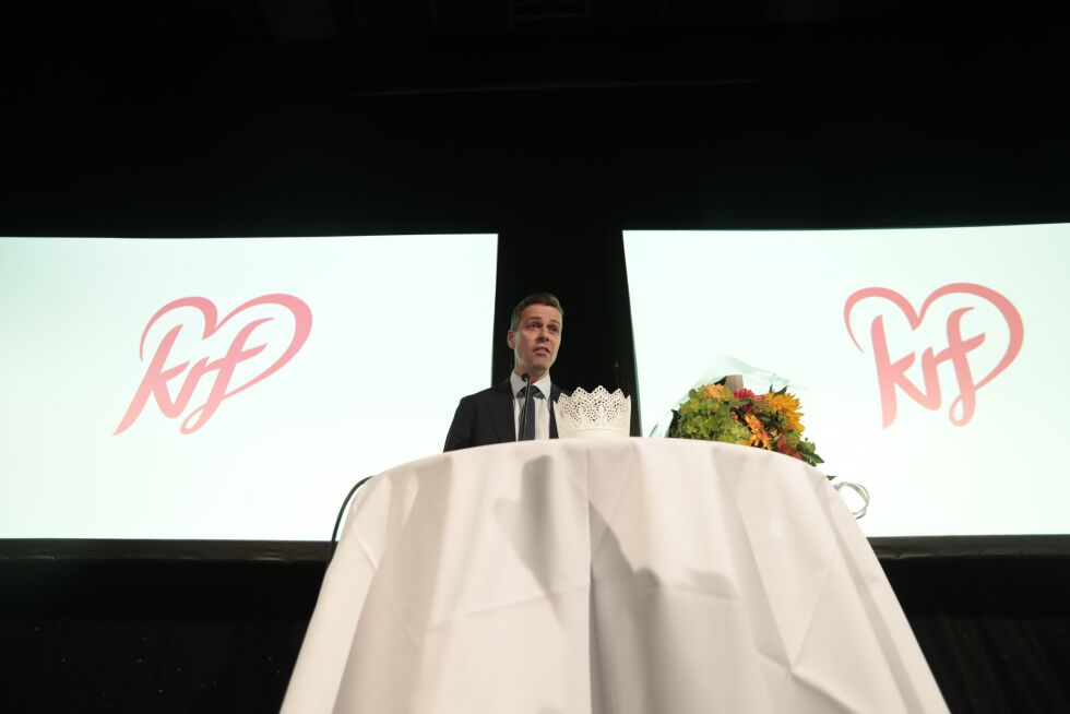 PARTILEDER: Knut Arild Hariede på talerstolen under KrF sin valgvake i Oslo. Nå venter debatten om partiets fremtid.
 Foto:   Foto: NTB scanpix