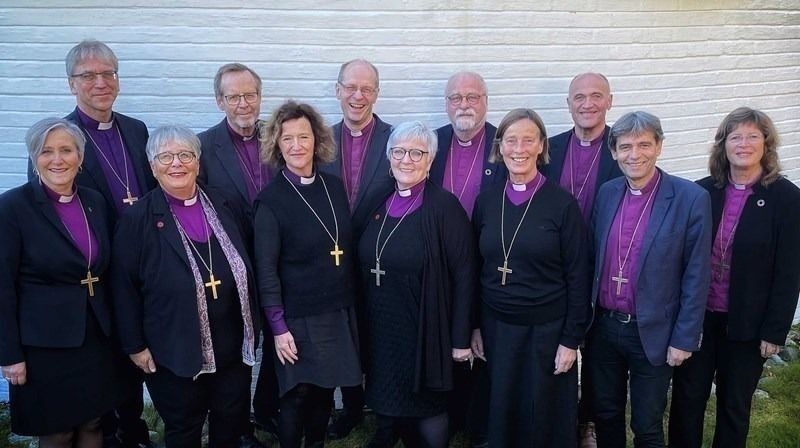 Bispemøtet i Den norske kirke består av de 12 biskopene. Siden dette bildet ble tatt, er Atle Sommerfeldt (nummer fire fra venstre bak) blitt pensjonist og trådt ut av bispemøtet.
 Foto: Den norske kirke