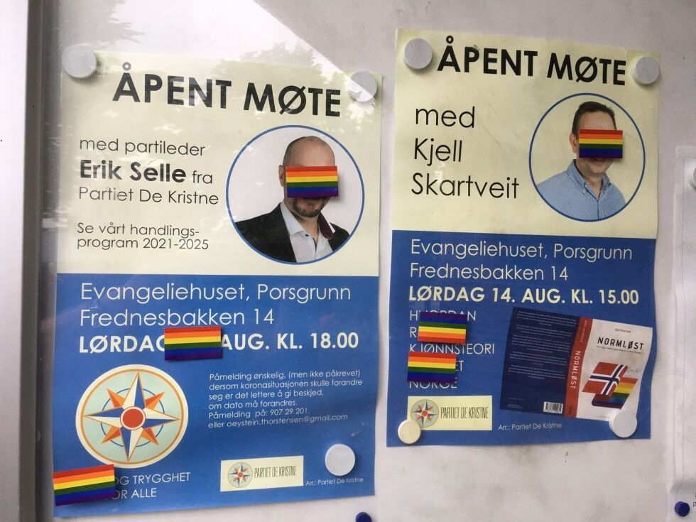 Prideflagg-klistremerker ble flittig brukt i helgen på Partiet De Kristne-plakater, dørhåndtak og blomsterpotter i Porsgrunn.
 Foto: Privat