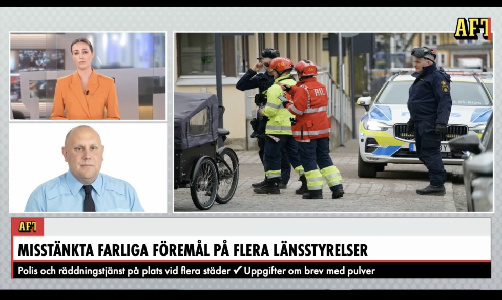 Alarmen går i Sverige etter at 18 av 21 fylkeskommuner har fått tilsendt ukjent hvitt pulver.
 Foto: Skjermdump: Aftonbladet video