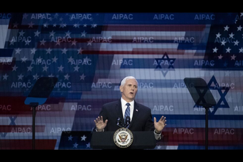 Visepresident Mike Pence taler på American Israel Public Affairs Committee (AIPAC) 2020-konferansen.
 Foto: Alex Brandon/NTB Scanpix