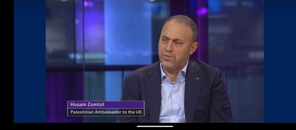 Palestinas ambassadør til Storbritannia, Husam Zomlot.
 Foto: Skjermdump/Channel 4 News