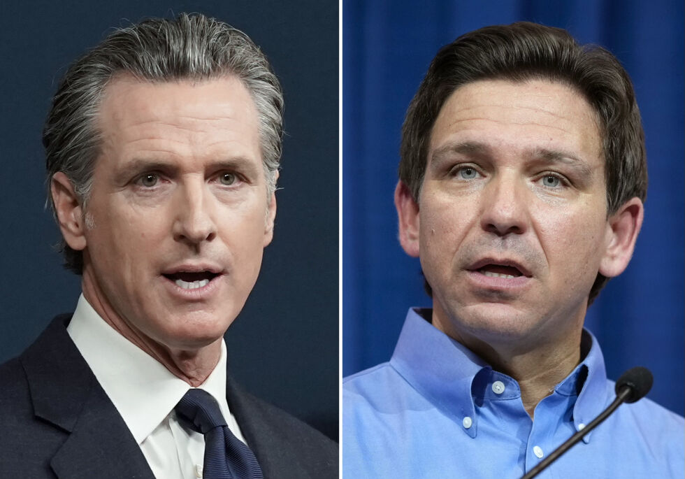 Guvernør i California Gavin Newsom (t.v) og guvenør i Florida Ron DeSantis.
 Foto: AP/NTB