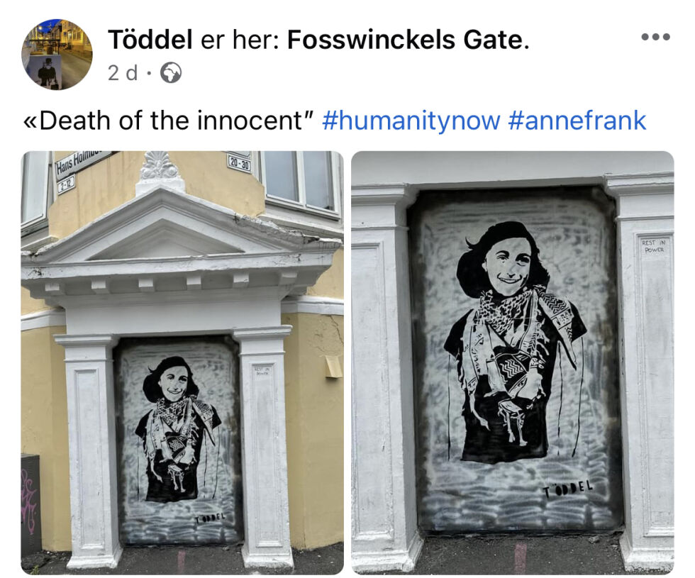 Maleriet av Anne Frank i palestinaskjeef har vakt sterke reaksjoner.
 Foto: Skjermdump fra Facebook