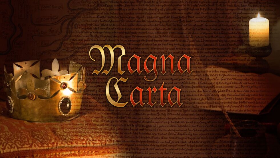 Frihetsbrevet: I gamle illustrasjone er frihetsbrevet Magna Carta, fra 1215, som det engelske folk skaffet seg, stilt sammen med kronen. Friheten og Grunnloven skal også all kongemakt og myndighet rette seg etter.