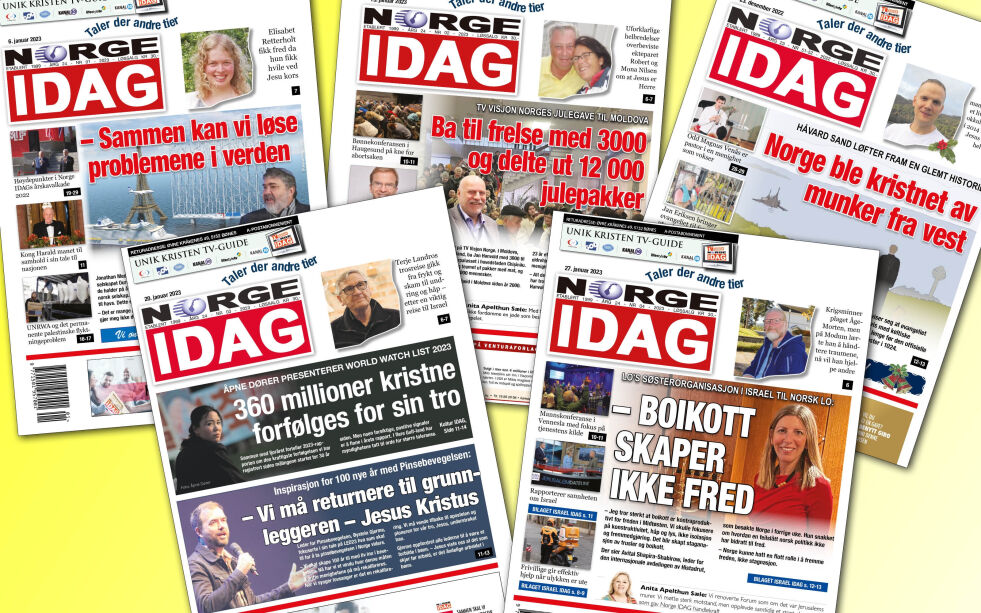 Norge IDAG: Faksimiler av førstesider som gir positiv offensiv i en verden av negative aviser, toppet av kristne skandaleblad.
 Foto: Norge IDAG