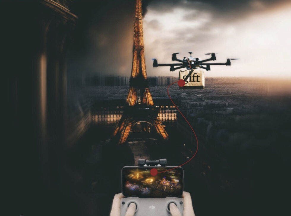 TRUSSEL MOT EIFFELTÅRNET: Slik ser plakaten ut som florerer blant annet på X (tidligere Twitter), med en drone som flyr nær det kjente landemerket i Paris.
 Foto: Skjermdump fra X/Twitter