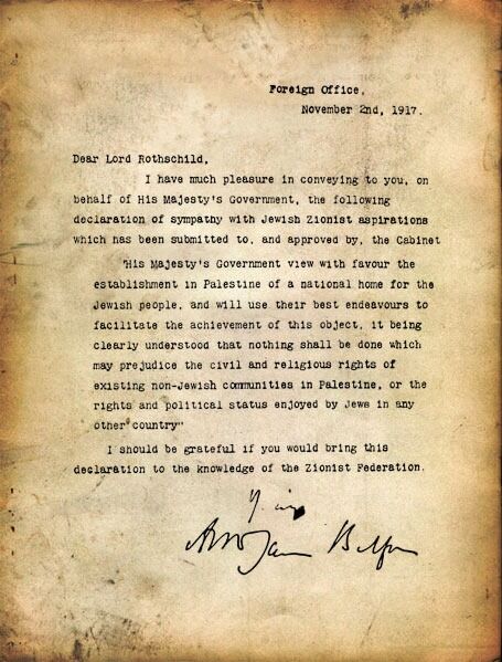 Viktig dokument: Balfor-erklæringa frå 1917 er eit viktig dokument. Det var grunnlag for ein rett fordeling av land i Midtausten ut frå at urfolk som var minoritetar også skulle ha sine rettar.