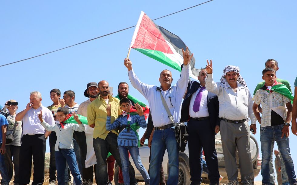 Pro-palestinske aktivister demonstrerer med palestinske flagg. Israel anklager Amnesty for å spre hatpropaganda mot Israel til fordel for palestinerne.
 Foto: TPS