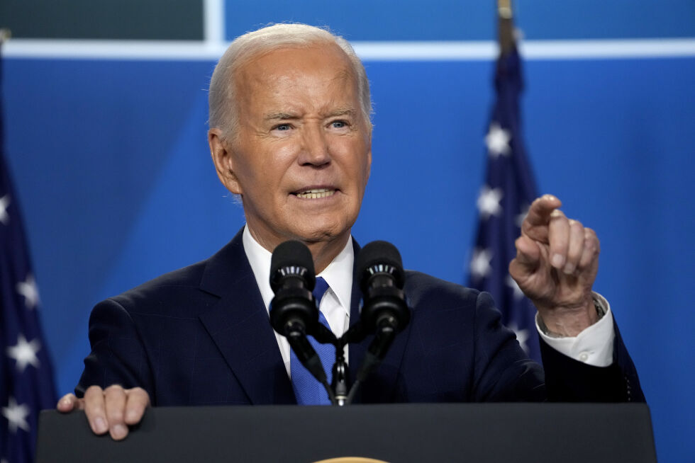 President Joe Biden svarte på spørsmål fra journalister i salen under pressekonferansen på avslutningen av Nato-toppmøtet i Washington torsdag.
 Foto: Susan Walsh / AP / NTB