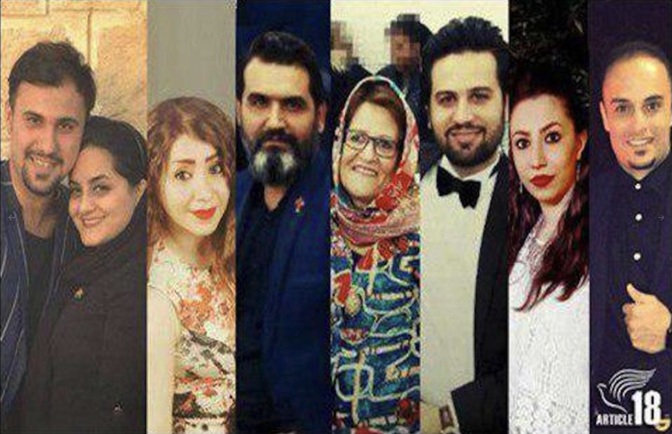Pooriya Peyma, Sam Khosravi, Maryam Falahi, Sasan Khosravi, Marjan Falahi, Khatoon Fatolahzadeh, Fatemeh Talebi og Habib Heydari ble arrestert av det iranske regimet 1. juli i år. De er midlertidig løslatt mot kausjon.
 Foto: Skjermdump fra Article18.