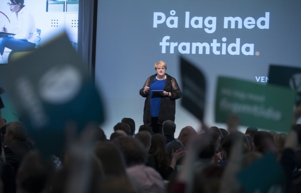 Venstre-leder Trine Skei Grande på scenen under landsmøtet i Ålesund i helgen.
 Foto: NTB Scanpix