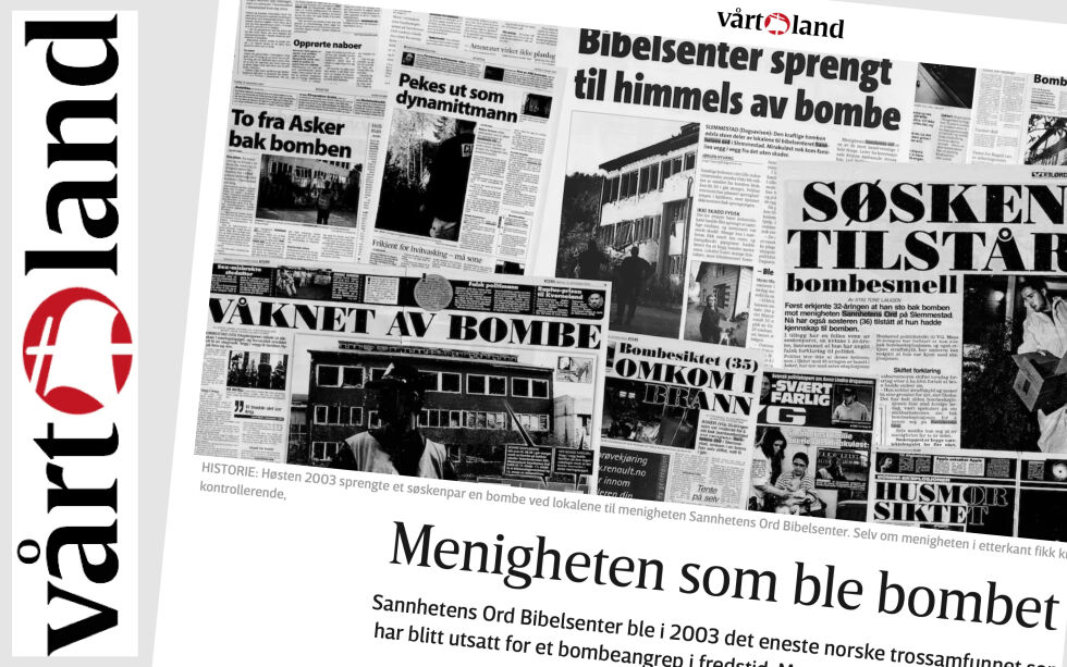 Faksimile av Vårt Lands reportasje «Menigheten som ble bombet» om Sannhetens Ord Bibelsenter.
 Foto: Faksimile Vårt Land.