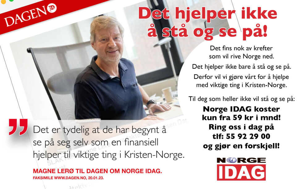Ring tlf: 55 92 29 00 eller send e-post til abonnent@idag.no for å bli partner. Norge IDAG har for tiden flere gode kampanjetilbud: 10 uker for 5 kroner!
 Foto: Norge IDAG/Faksimile www.dagen.no 20.01.23