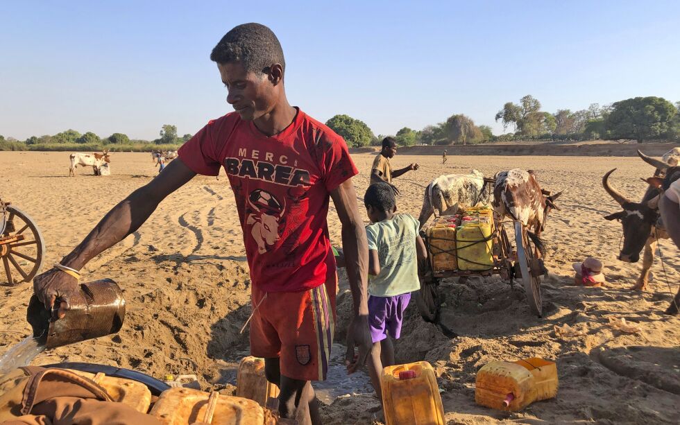 – Agenda 2030 er det samme som FNs bærekraftsmål. Disse målene består i å bekjempe fattigdom, fremme likestilling, skaffe rent vann, ta vare på miljøet osv. Barn skal få slippe å gå sultne til sengs. Jenter skal få skolegang. Det ligner ikke mye på Antikrist, skriver Kjell Arne Norum. Bildet er fra Madagaskar i november 2020. Barn og voksne graver etter vann i et uttørket elveleie
 Foto: Laetitia Began / AP / NTB