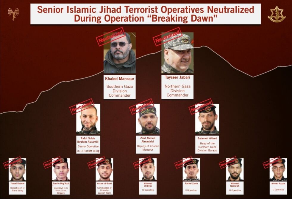 Disse tolv terroristene fra Islamsk Jihad ble eliminert av det israelske forsvaret under operasjon «Breaking Dawn».
 Foto: Det israelske forsvaret