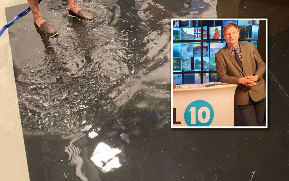 VANNMENGDE: 3 centimeter med vann fosset innover lokalet sist mandag.
 Foto: Kanal 10. Collage: Norge IDAG