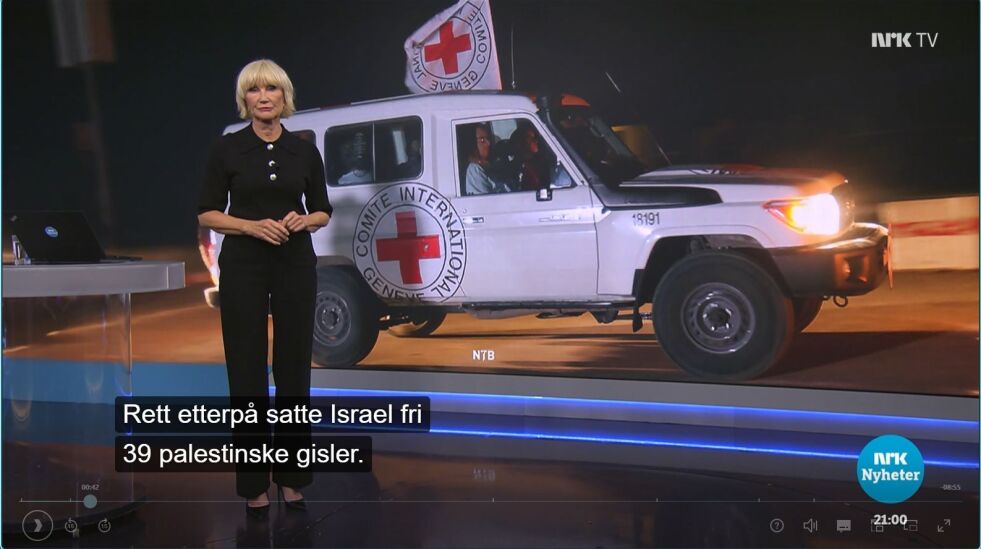 Gisler?: I NRK Dagsrevyen 21, 24. november, blir palestinske kriminelle, som satt i israelske fengsler, omtalt som gisler på linje med israelske kvinner og barn som ble brutalt røvet fra sine hjem. Man kan lure på hvor langt NRK er villig til å fortsette med denne politisk agitasjonen, spør artikkelforfatteren.
 Foto: Skjermdump NRK