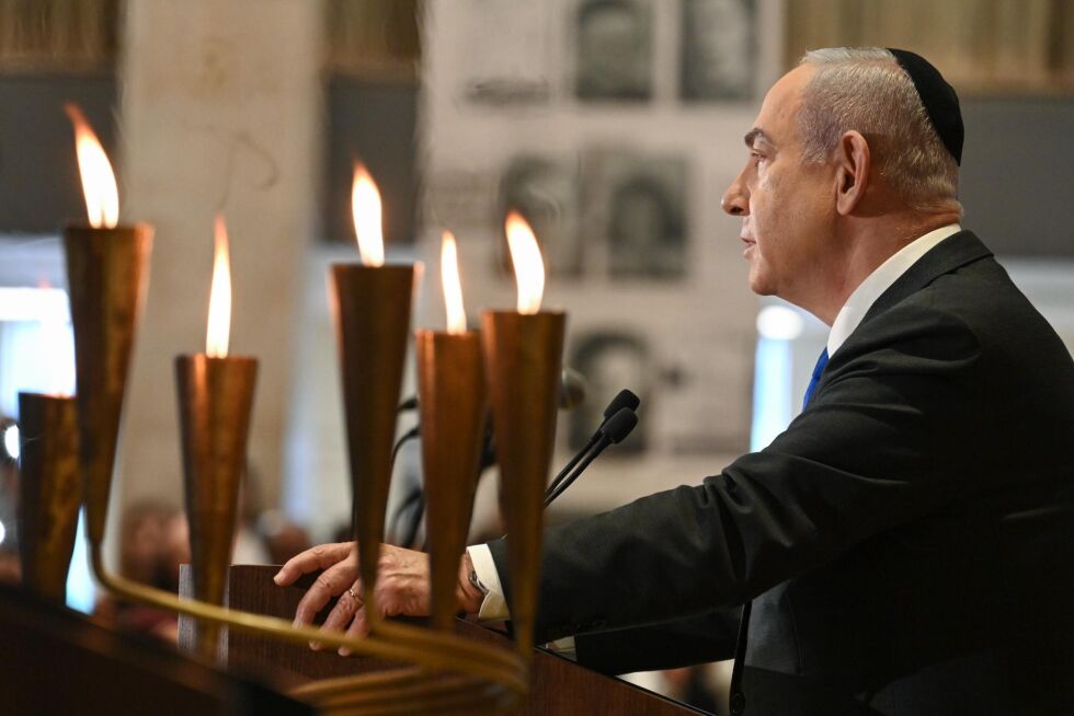 Israels statsminister under en seremoni i forbindelse med Holocaust-minnedagen mandag 6. mai.
 Foto: GPO
