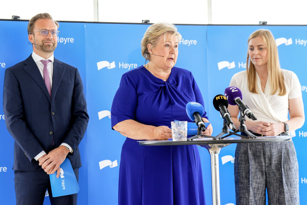Høyres pressekonferanse med partileder Erna Solberg, Nicolai Astrup og Tina Bru om partiets nye skatteløft onsdag.
 Foto: Cornelius Poppe / NTB