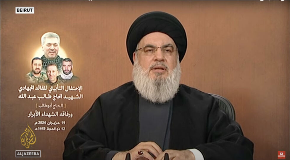 Hassan Nasrallah, generalsekretær for terrorgruppen Hizbollah, har lovet hevn etter at IDF drepte hans nestkommanderende Fuad Shukr.
 Foto: Skjermdump: YouTube / Al Jazeera