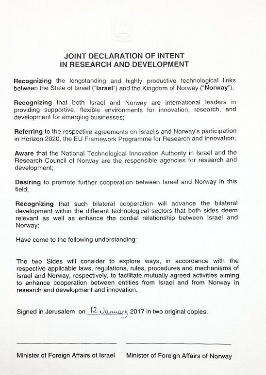 Avtale om forskning og utvikling mellom Israel og Norge