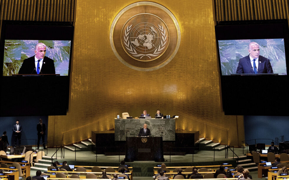 Israels statsminister Yair Lapid talte i FNs generalforsamling 22. september 2022. — Hvert år fremmes anti-israelske resolusjoner, skriver Anita A. Sæle, politisk redaktør i Norge IDAG.
 Foto: AP Photo/Julia Nikhinson/NTB