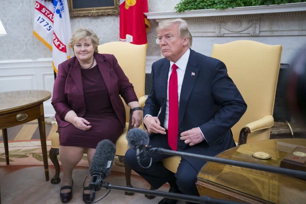 Statsminister Erna Solberg og USAs president Donald Trump i det ovale kontor i Det hvite hus. Foto: Heiko Junge / NTB scanpix