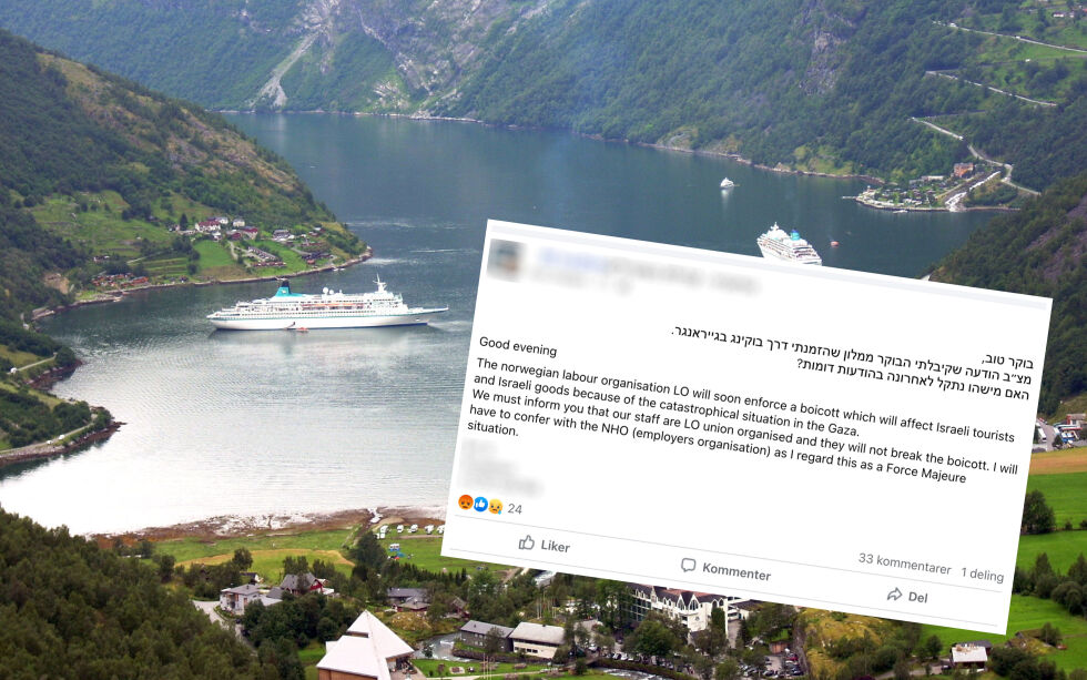 «God morgen, legger ved en melding jeg mottok i morges fra et hotell jeg bestilte i Geiranger. Har noen fått lignende meldinger nylig? står det på hebraisk i Facebook-innlegget fra en israeler mandag. Deretter følger meldingen på engelsk fra et hotell i Geiranger: «God kveld
Den norske arbeidsorganisasjonen LO vil snart håndheve en boikott som vil ramme israelske turister og israelske varer på grunn av den katastrofale situasjonen i Gaza.
Vi må informere om at våre ansatte er LO organisert og de vil ikke bryte boikotten. Jeg må konferere med NHO (arbeidsgiverorganisasjonen) da jeg ser på dette som en Force Majeure-situasjon.»
 Foto: Flickr - %_Kay_% / Faksimile Facebook / Norge IDAG