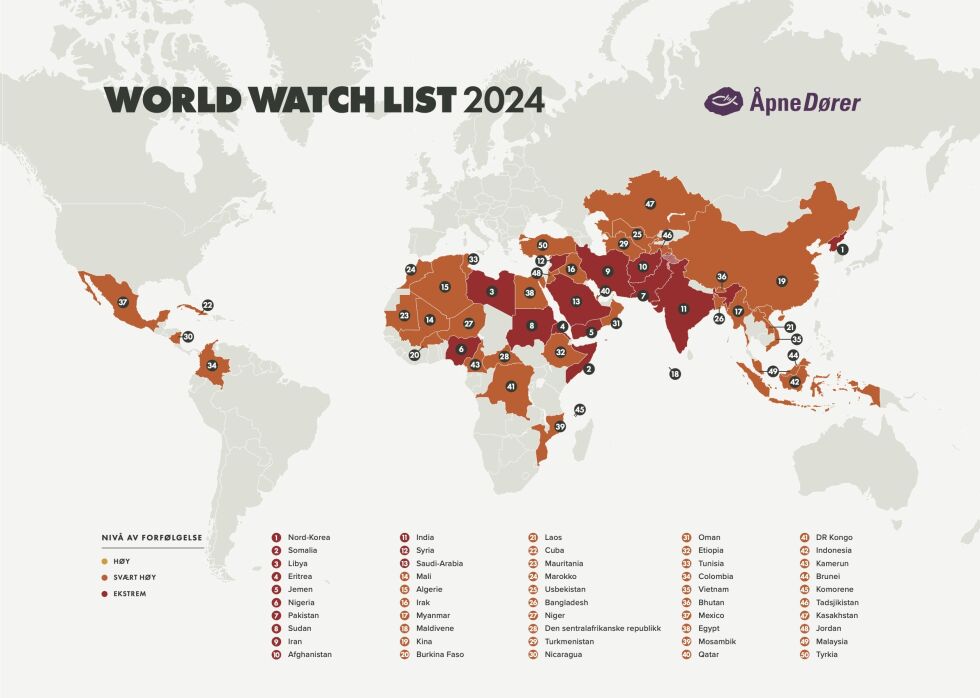 FORFØLGELSESLISTEN: Åpne Dørers World Watch List 2024.
 Foto: Åpne Dører