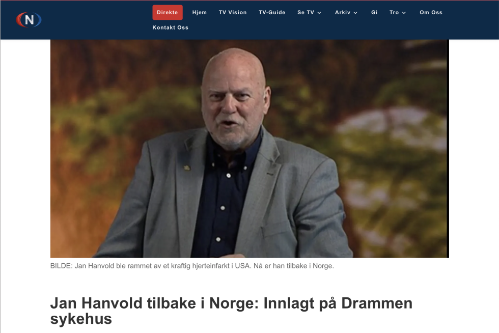 Jan Hanvold er nå innlagt på Drammen sykehus, opplyser TV Visjon Norge.
 Foto: Skjermdump: TV Visjon Norge